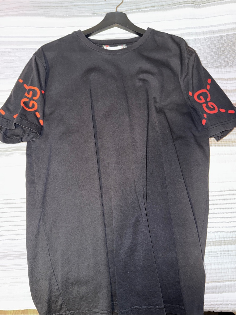 Gucci Black Short-Sleeve Tee with Red Sleeve Logos